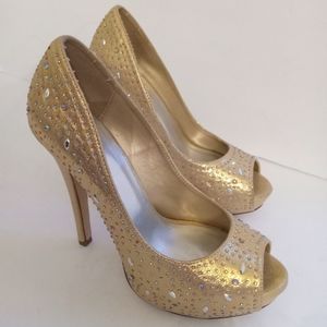 HEART IN D Gold Lame Striking Stilleto Heel & Hidden Platform Sparkly Sh…